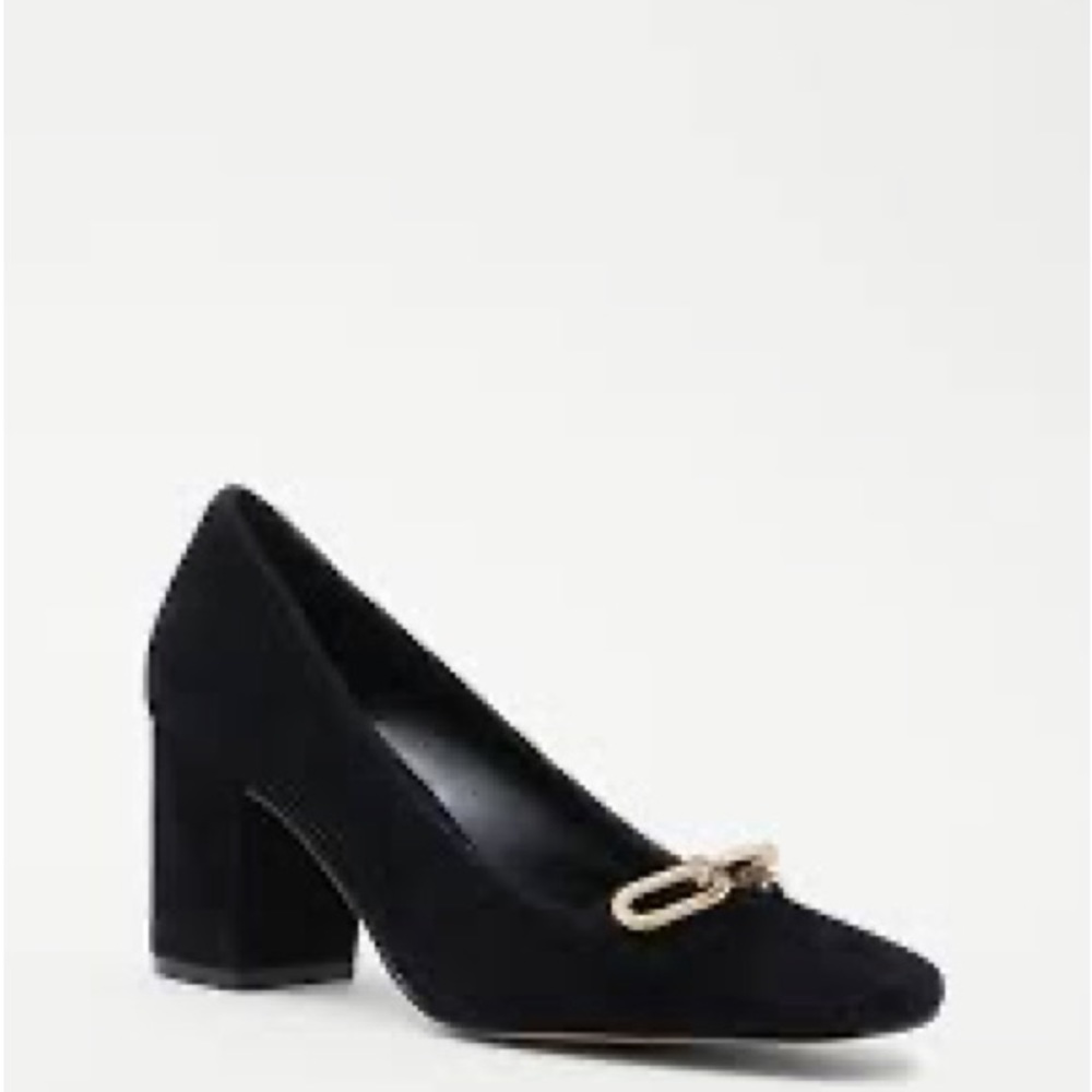 Chain High Block Heel Suede Pumps. Brand new in original packaging.
